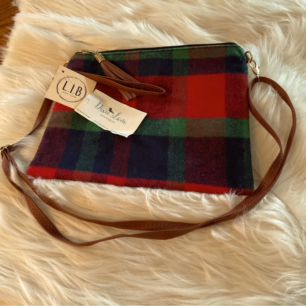 NWT L.I.B. New York Navy Plaid Tassel Clutch/Crossbody
